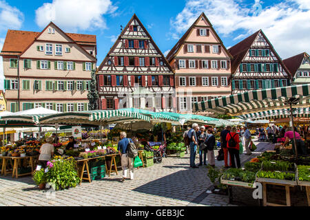 Fresh weekly farmers market on the historic market place, in the old town of Tübingen, Germany Stock Photo