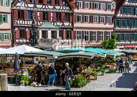 Fresh weekly farmers market on the historic market place, in the old town of Tübingen, Germany Stock Photo