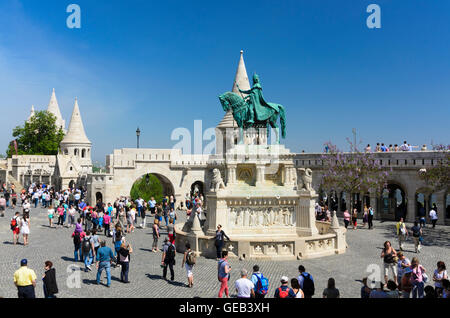 Budapest: Fisherman's Bastion and equestrian statue of St . Stephan, Hungary, Budapest, Stock Photo