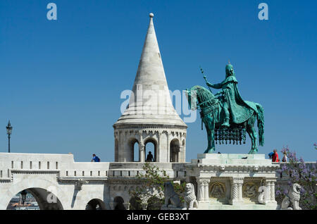 Budapest: Fisherman's Bastion and equestrian statue of St . Stephan, Hungary, Budapest, Stock Photo