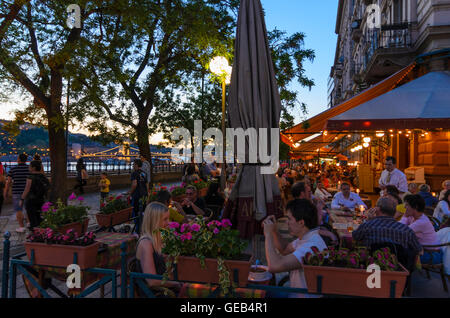 Budapest: Pedestrianized Danube Promenade on the Danube with Restaurant, Hungary, Budapest, Stock Photo