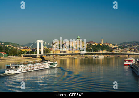 Budapest: View from the Liberty Bridge to the Elizabeth Bridge ( Erzsebet hid ) on the Danube , Buda Castle and Matthias Church, Stock Photo