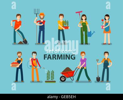 Farming and gardening icon set. People at work on the farm. Vector illustration Stock Vector
