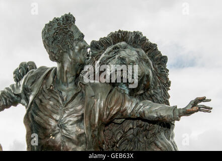 Livingstone and the Lion sculpture by Gareth Knowles at the David Livingstone Centre and museum in Blantyre, Scotland Stock Photo