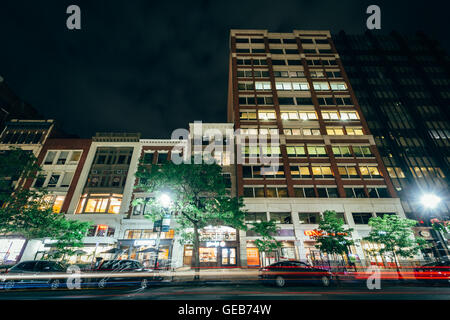 Buildings on Boylston Street at night, at Copley, in Boston, Massachusetts. Stock Photo