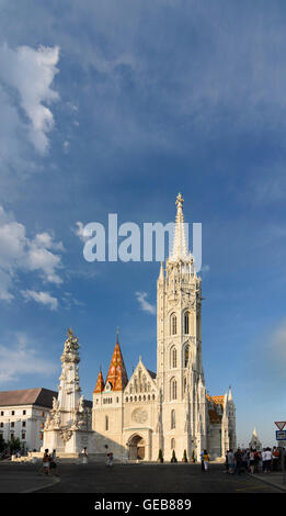 Budapest: Szentharomsag ter ( Holy Trinity Square ) with Plague column and Matthias Church, Hungary, Budapest, Stock Photo