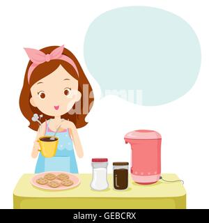 Girl Making Coffee With Talk Bubble, Kitchen, Kitchenware, Crockery, Cooking, Food, Bakery, Occupation, Lifestyle Stock Vector