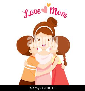 Kids Hugging Mother And Kissing On Her Cheeks, Mothers Day, Embracing, Love, Children, Sibling Stock Vector