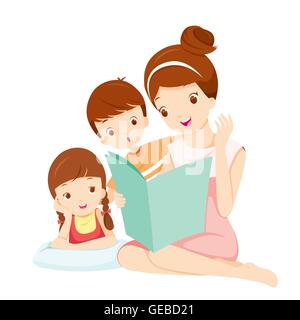 Mother Reading Tale Book To Daughter And Son, Mothers Day, Children, Tale, Family, Relaxing Stock Vector