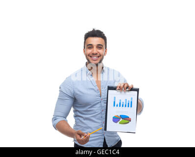 Handsome businessman holding clipboard, folder with papers, financial business plan report Stock Photo