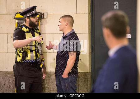 British Transport Police (BTP) at Cardiff railway train station in Cardiff, Wales, UK. Stock Photo