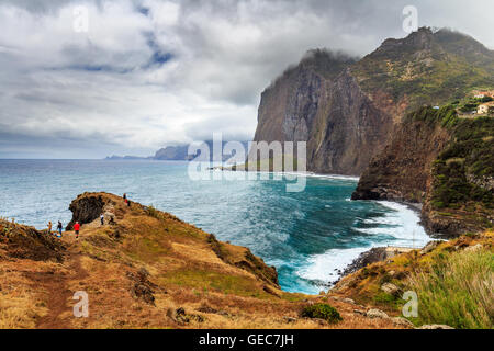 Amazing view of mountains and ocean on the northern coast of Madeira near Boaventura, Portugal Stock Photo