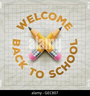 Welcome Back to School type and yellow pencils on wrinkled squared paper. Vector illustration. Stock Vector