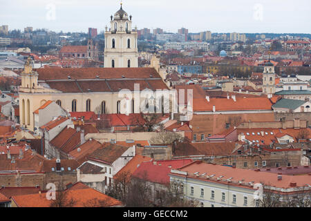 A view across the old town from Gediminas Hill and the Upper Castle and Gediminas Tower, Vilnius, Lithuania Stock Photo