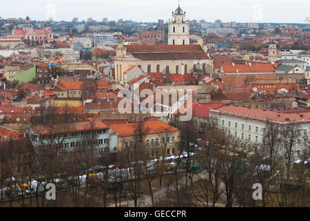 A view across the old town during Kaziuko mugė from Gediminas Hill and the Upper Castle and Gediminas Tower, Vilnius, Lithuania Stock Photo