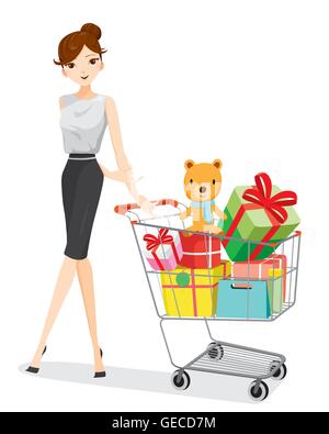 Woman and shopping cart full of gifts, goods, food, beverage, beauty, lifestyle Stock Vector