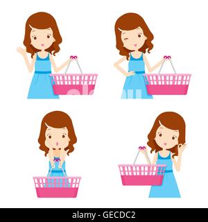 Cute girl and empty shopping baskets with various actions set, goods, food, beverage, beauty, lifestyle Stock Vector