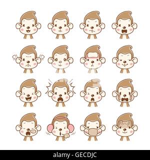 Monkey Emoticons set, Animal, Emoji, Facial Expression, Face, Feeling, Mood, Symbol Stock Vector