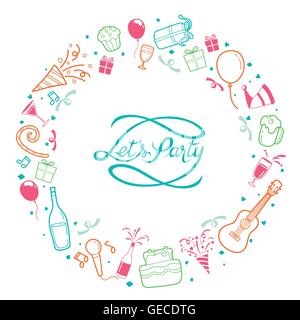 Party Letter And Icons On Round Frame, Calligraphy, Banquet, Feast, Celebration Stock Vector