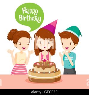 Girl And Friend With Cake On Birthday Party, Banquet, Feast, Celebration, Gift Stock Vector