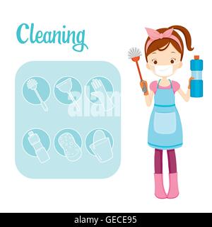 Girl With Toilet Cleaning Equipment And Outline Icons Set, Housework, Appliance, Domestic Tools, Computer Icon, Symbol, Icon Set Stock Vector