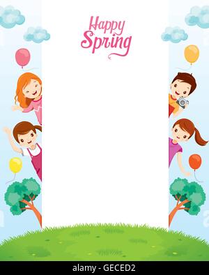 Children Relaxing On Frame, Spring Season, Nature, Animal, Flower Stock Vector