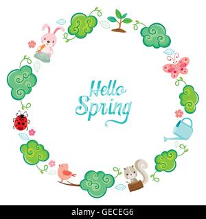 Animal,Tree, Leaf And Flower On Circle Frame, Spring Season, Nature, Children, Animal, Flower Stock Vector
