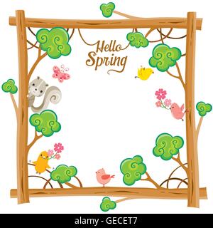 Tree With Animal On Square  Frame, Spring Season, Lettering, Frame, Border, Animal, Nature Stock Vector