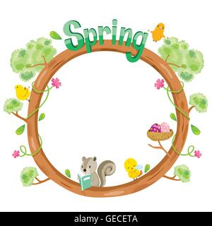 Tree With Animal On Circle Frame, Spring Season, Lettering, Frame, Border, Nature Stock Vector