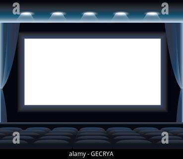 Dark cinema hall. White screen and blue row chairs Stock Vector