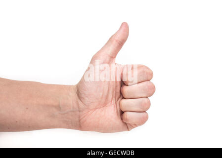 Closeup of male hand showing thumbs up on white background Stock Photo