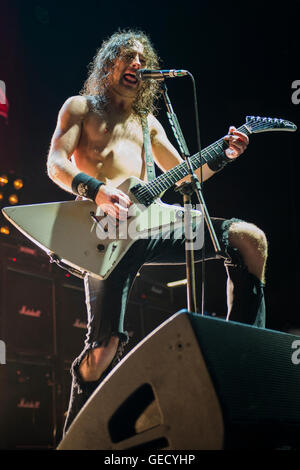Glasgow, Scotland - 21 October, 2013: Joel O’Keeffe of Australian hard rock band Airbourne, performing live on stage in Glasgow Stock Photo