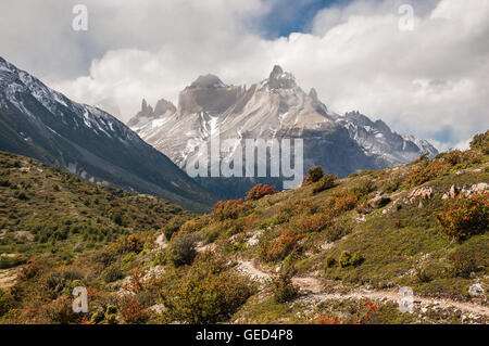 Trekking trail leading to French Valley with views of Cerro Paine Grande, Torres del Paine National Park, Chile Stock Photo