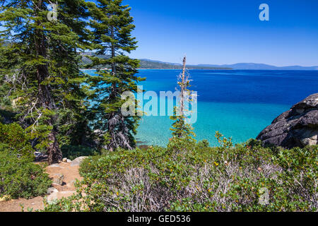 Aqua, turquoise and blue waters of Lake Tahoe from Rubicon Trail, CA Stock Photo