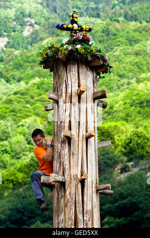 Les. Haro´s party ( Trunk of fir of approximately 11 meters of length).Quilhada.Man putting the offering in the top of the Haro. Stock Photo