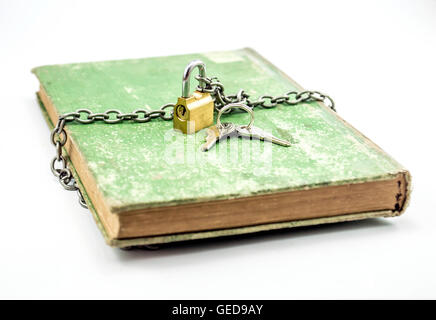 secret knowledge chained book with padlock in a white background closed book