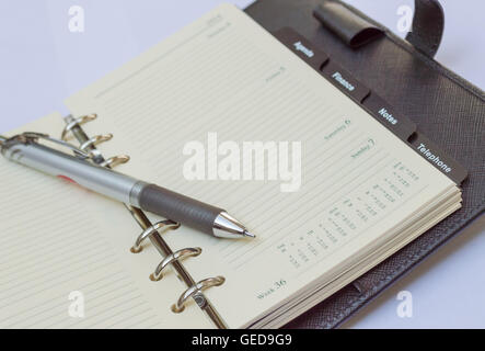 Leather notebook and pen Stock Photo