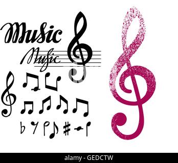 Notes and treble clef. Set of music design elements or icons Stock Vector