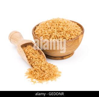 brown cane sugar in a wooden bowl isolated on white Stock Photo