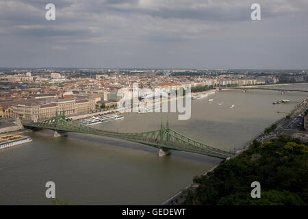 View South East from Gellert Hill with Liberty bridge over river Danube Stock Photo