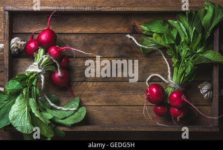 Fresh radish banches on wooden tray background, copy space Stock Photo