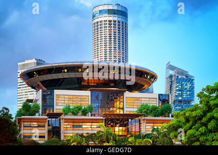 Singapore, Singapore - February 29, 2016: New Supreme Court Building at Boat Quay in Singapore at night. It is illuminated with light. Stock Photo