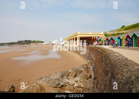 Whitmore Bay, Pavillion and beach huts, at Barry Island, South Wales, UK Stock Photo