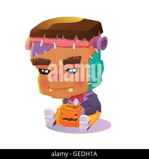 Vector Illustration of Cute Cartoon Character Lonely Frankenstein with Jack O' Lantern Stock Vector