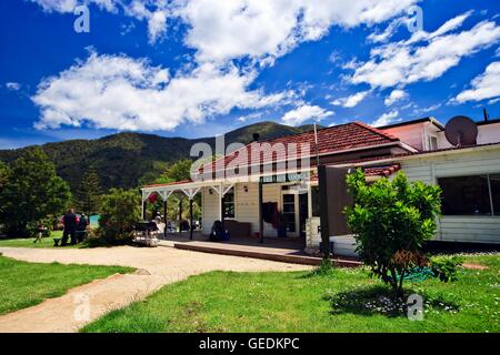 geography / travel, New Zealand, South Island, Furneaux Lodge, Endeavour Inlet, Queen Charlotte Sound, Marlborough, South Island, No-Exclusive-Use Stock Photo