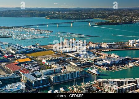 geography / travel, New Zealand, North Island, Auckland, Auckland City and Waitemata Harbour seen from the Sky Tower in downtown Auckland, North Island, No-Exclusive-Use Stock Photo