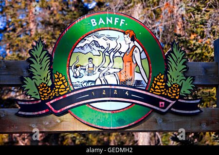 geography / travel, Canada, Alberta, 2 km S of Banff, Sign at the entrance to the Upper Hot Springs Pool, town of Banff, Banff National Park, Canadian Rocky Mountains, Alberta, Canad Stock Photo