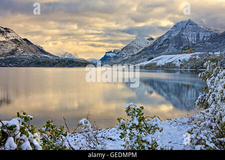 geography / travel, Canada, Alberta, Waterton National Park, Prince of Wales Hotel overlooking Middle Waterton Lake after the first snowfall of winter, Waterton Lakes National Park (a UNESCO World Heritage Site & Biosphere Reserve), Alberta, Stock Photo
