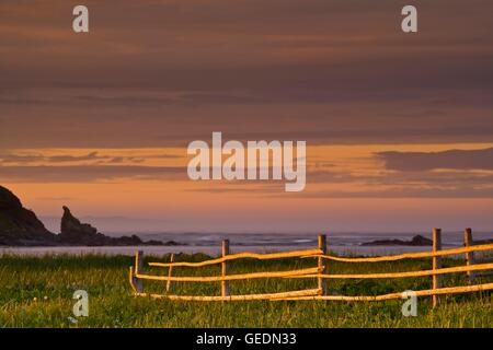geography / travel, Canada, Newfoundland, L'Anse aux Meadows, Rustic fence at the end of the peninsula in the town of L'Anse aux Meadows at sunset backdropped by the Atlantic Ocean and rugge Stock Photo