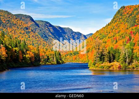 geography / travel, Canada, Quebec, Riviere Jacques-Cartier, Jacques Cartier River, and valley surrounded by fall colours in Parc de la Jacques-Cartier, Quebec, Stock Photo
